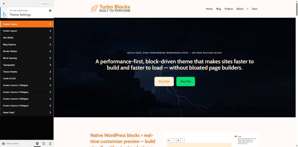 Native WordPress blocks + real-time customizer preview — build visually without extra plugins or page builders